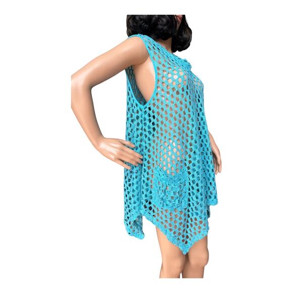 Kaktus sleeveless Tunic Open Weave Crochet Lagenlook Boho in blue size large - Picture 4 of 12